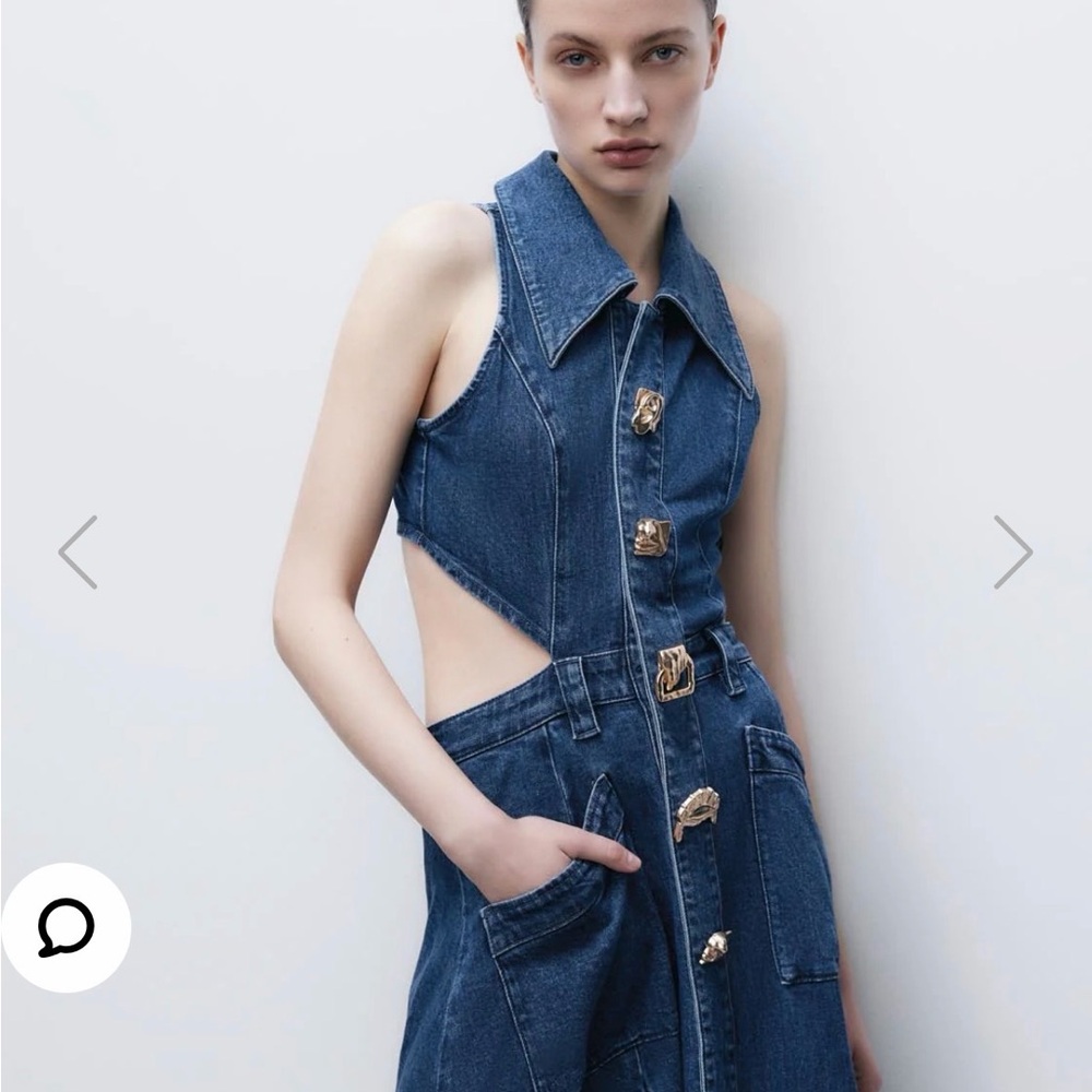 Denim Maxi Dress with Cutouts and Front Slit - Blue - Picture 3 of 9